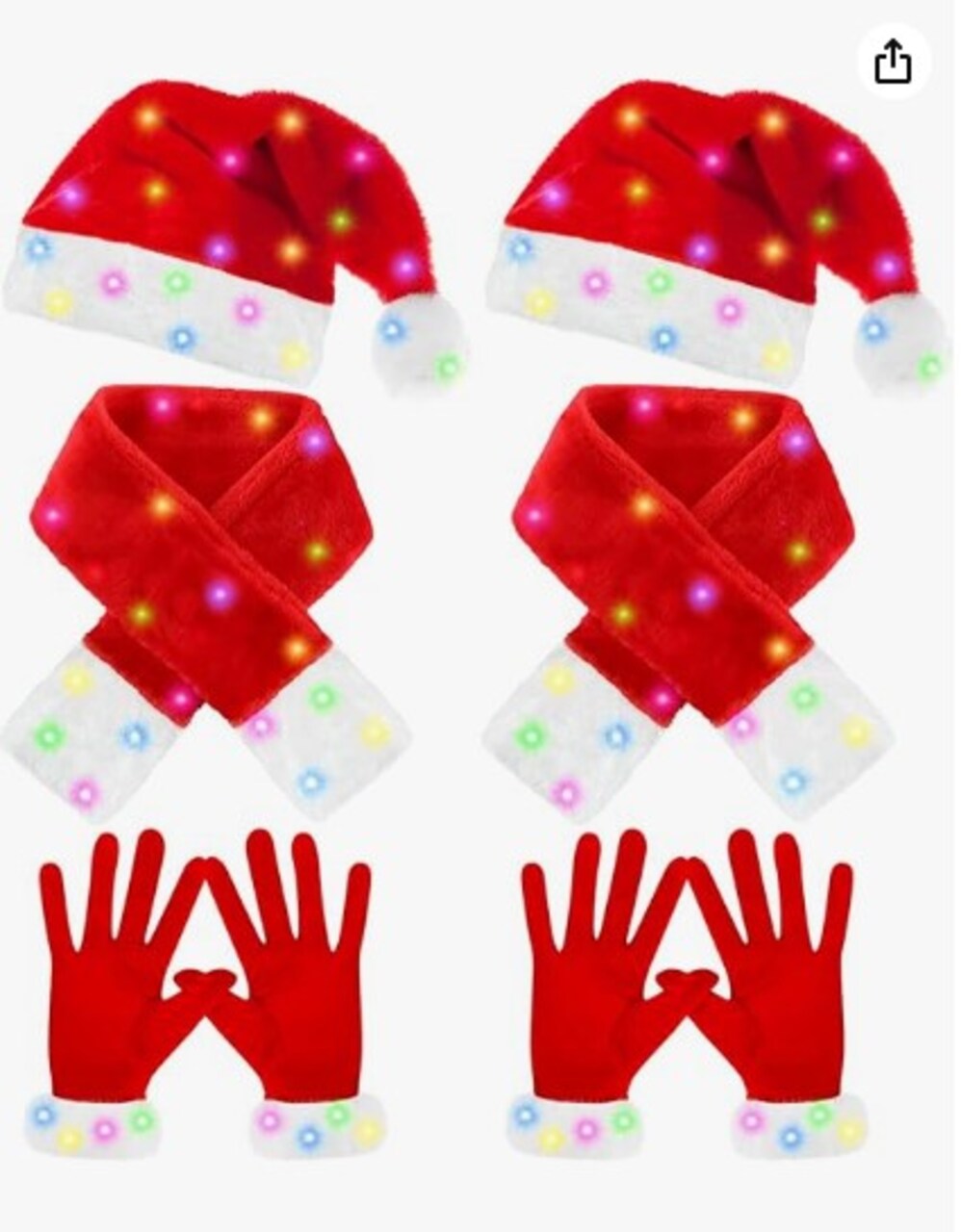 2 Christmas LED Light Hat Sets Christmas Light Up Scarves and Gloves Set New Year Flashing Holiday Party Supplies Holiday Santa Hat for Kids Adults Red and white
